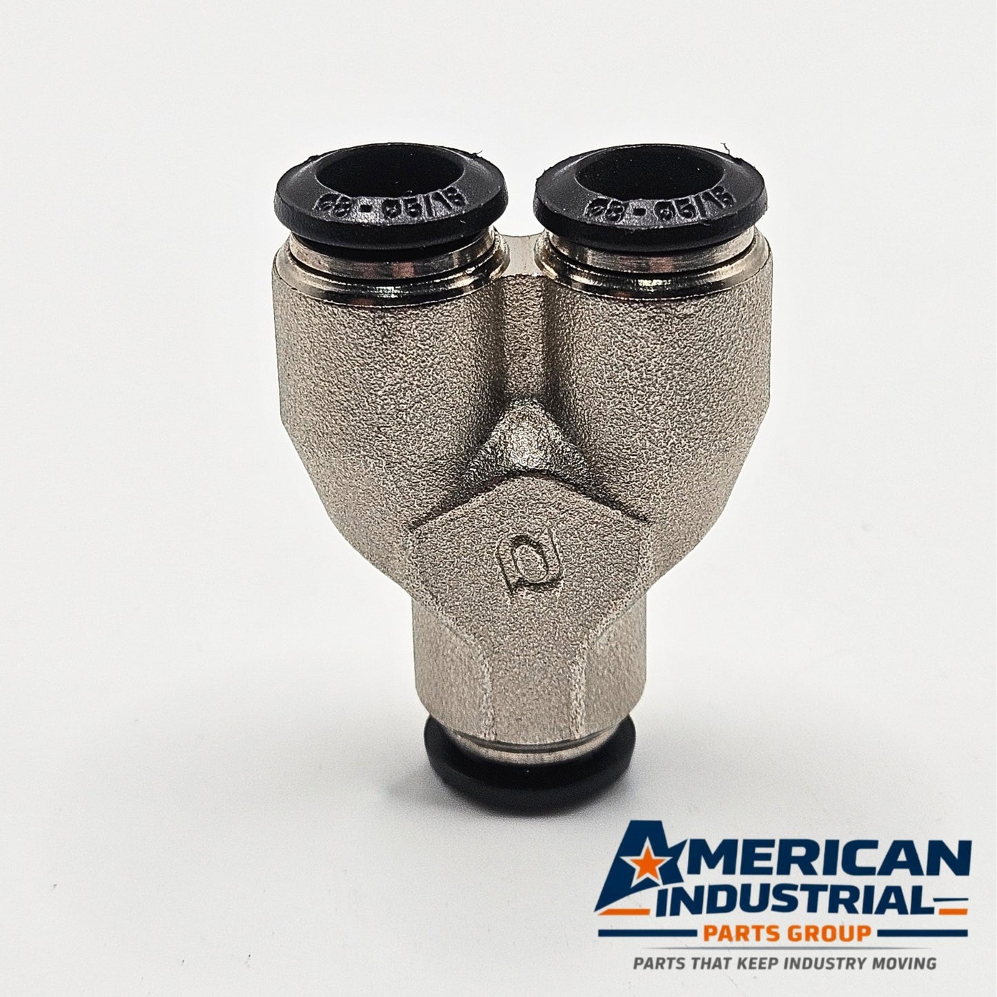 Unbranded 5/16 push-in Y fitting for factory pneumatic systems. American Industrial Parts Group.