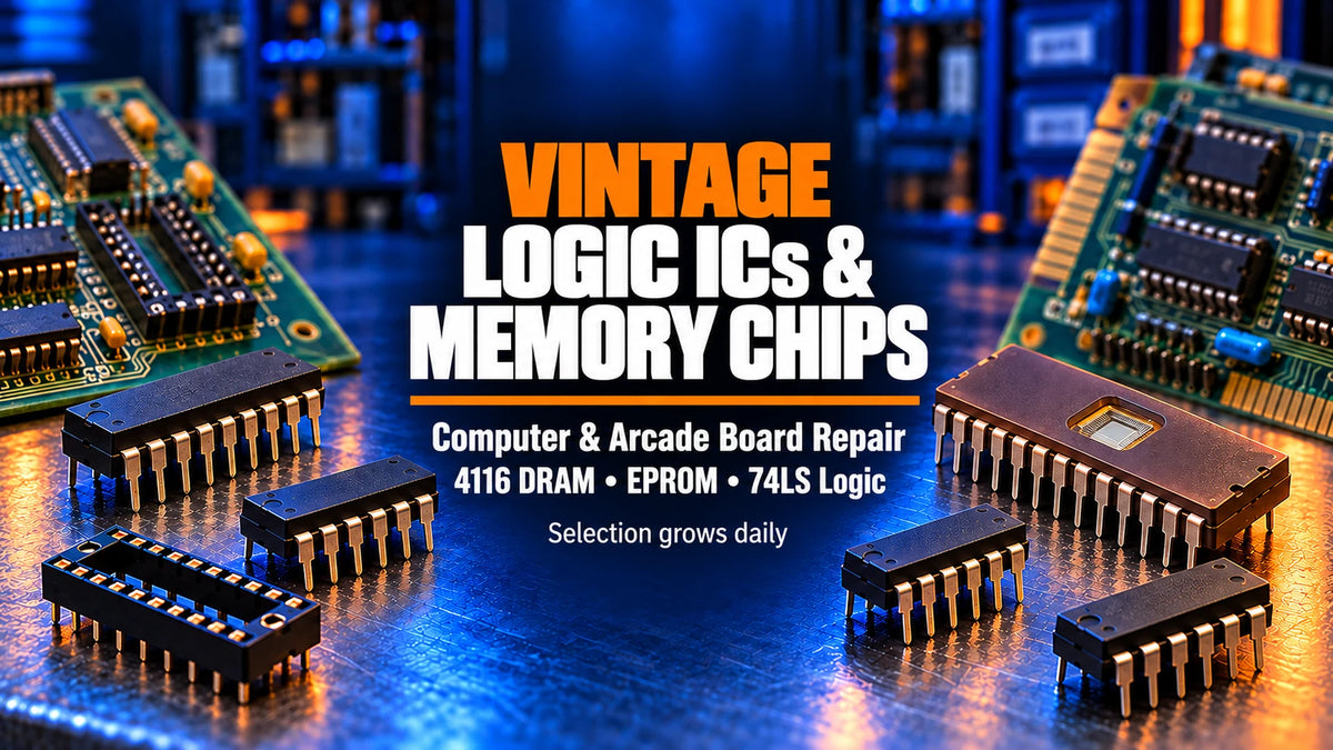 Vintage logic ICs and memory chips for computer and arcade board repair, 4116 DRAM, EPROM and 74LS logic ICs graphic — American Industrial Parts Group