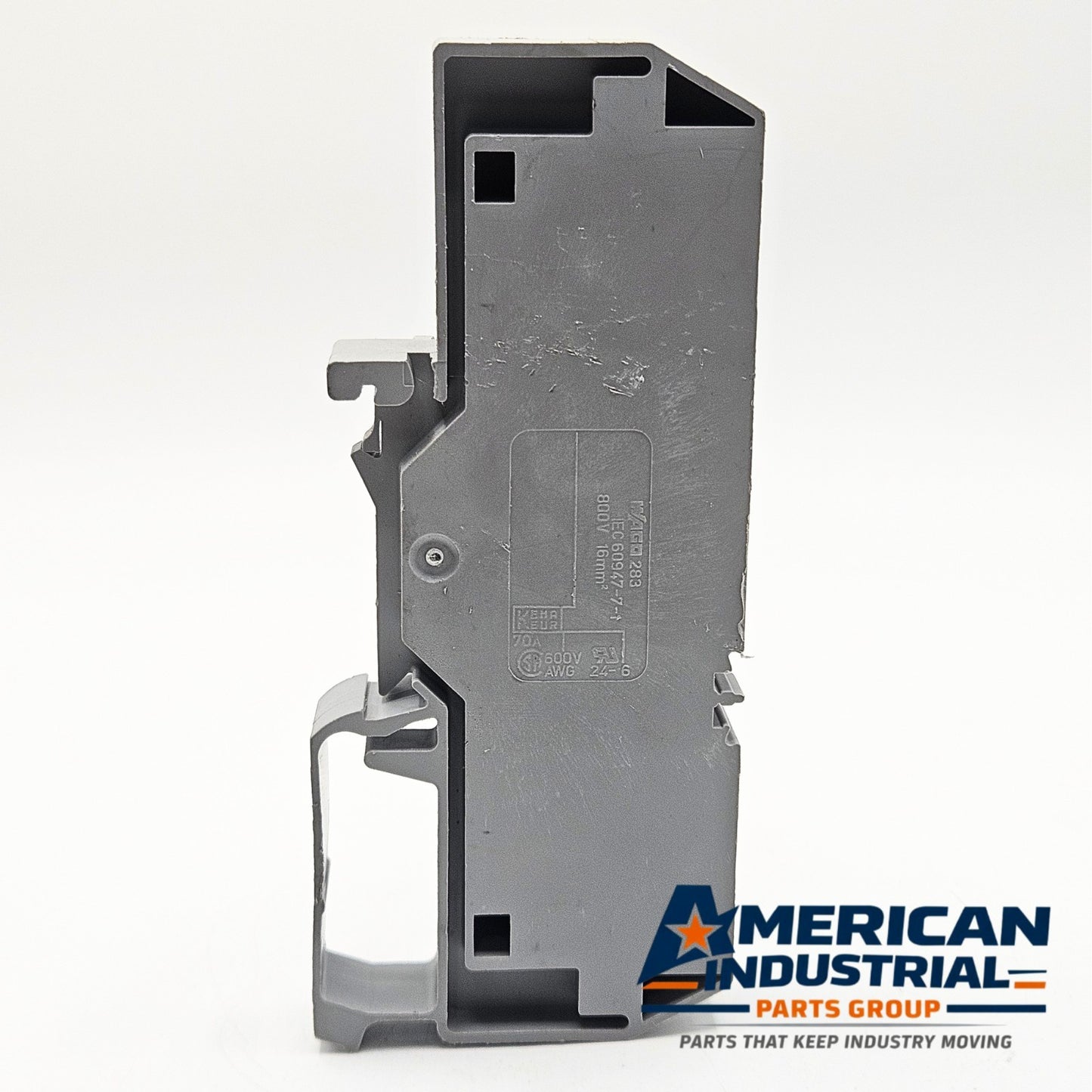 WAGO 283 gray terminal block for industrial automation and MRO DIN rail wiring applications. American Industrial Parts Group.