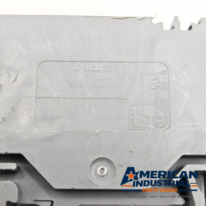 WAGO 283 terminal block label view for industrial automation and MRO DIN rail wiring applications. American Industrial Parts Group.